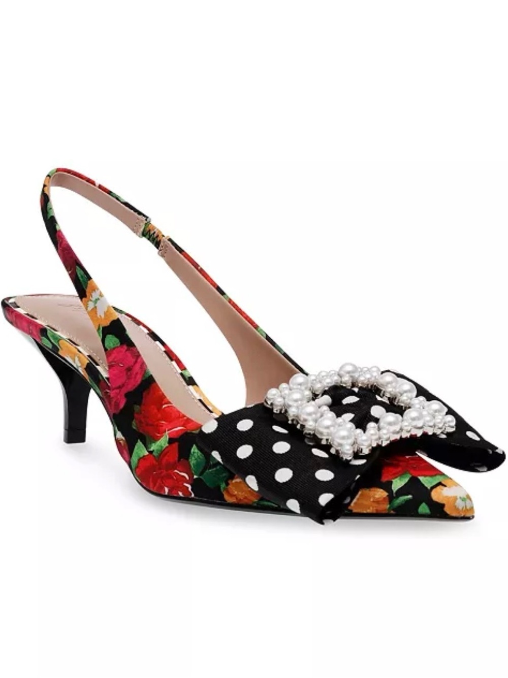Betsey Johnson Birdie Floral Slingback Bow Kitten Heel Size 7 M Black Rose Multi
